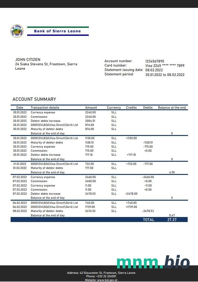 Sierra Leone Bank Of Sierra Leone wyciąg bankowy xls
